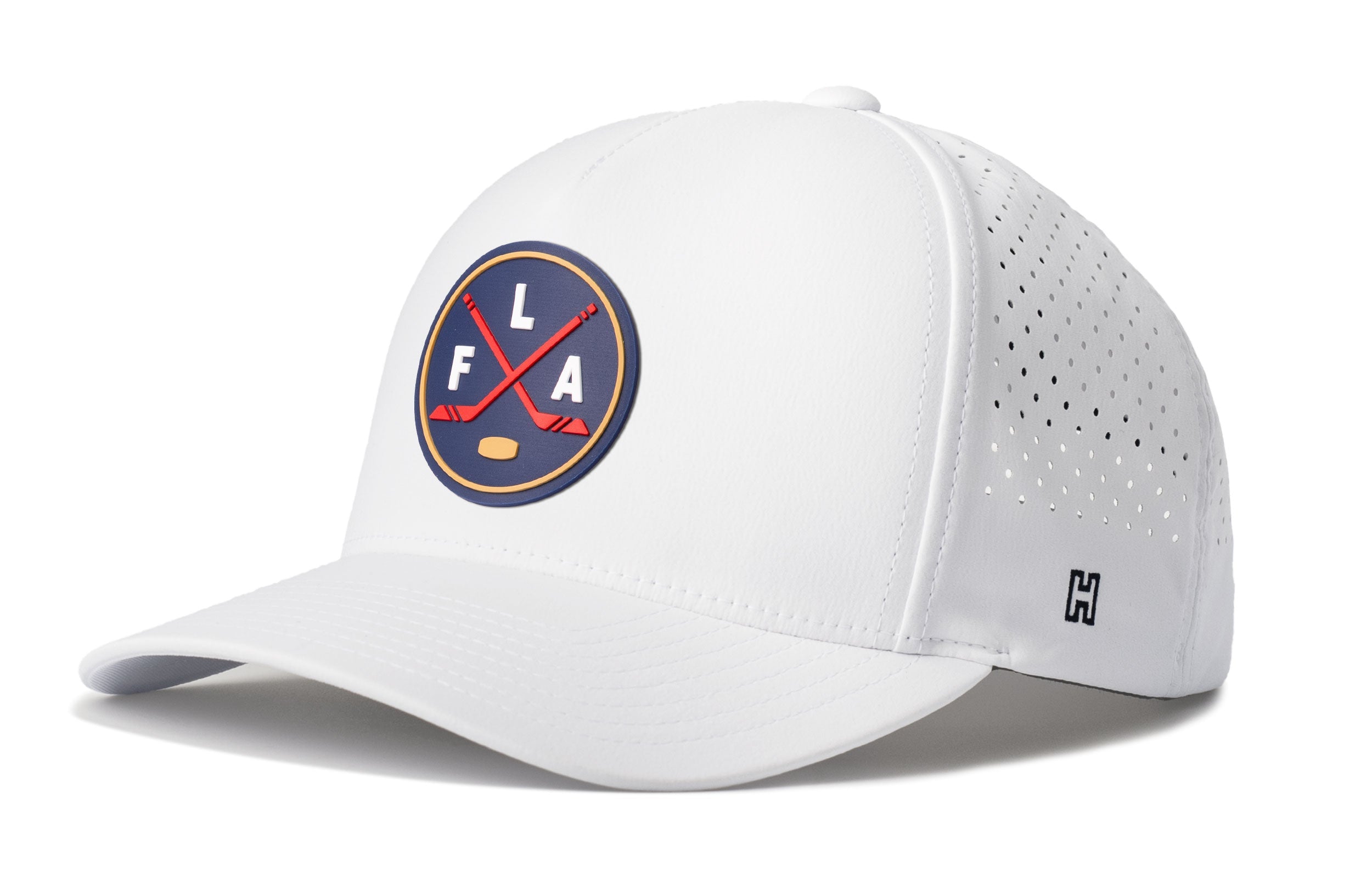 White 5-panel performance hat with FLA logo patch and perforated side panels