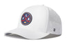 White 5-panel performance hat with FLA logo patch and perforated side panels