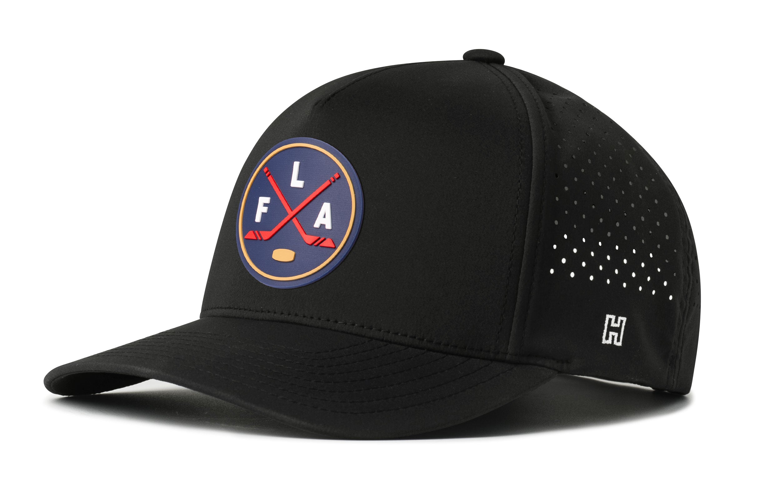 Black 5-panel performance hat with circular FLA logo patch and perforated side panels