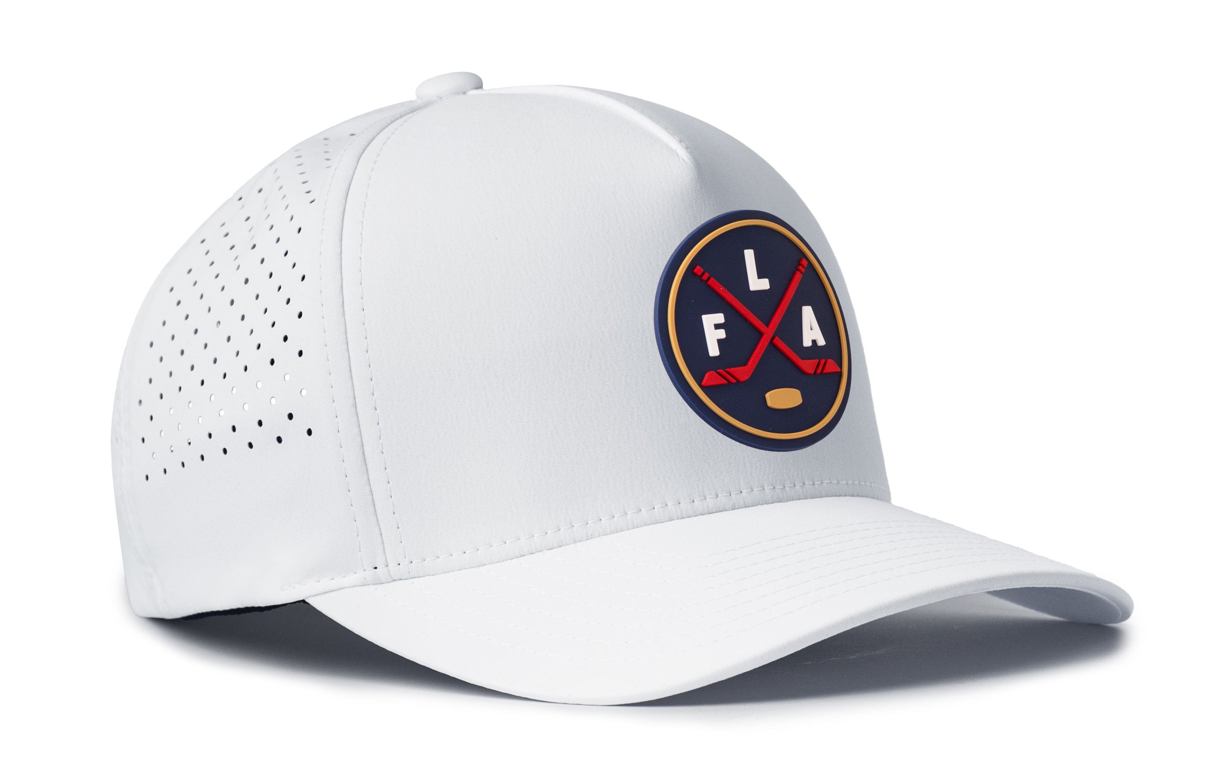 White 5-panel performance hat with FLA logo patch and perforated left side