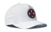 White 5-panel performance hat with FLA logo patch and perforated left side
