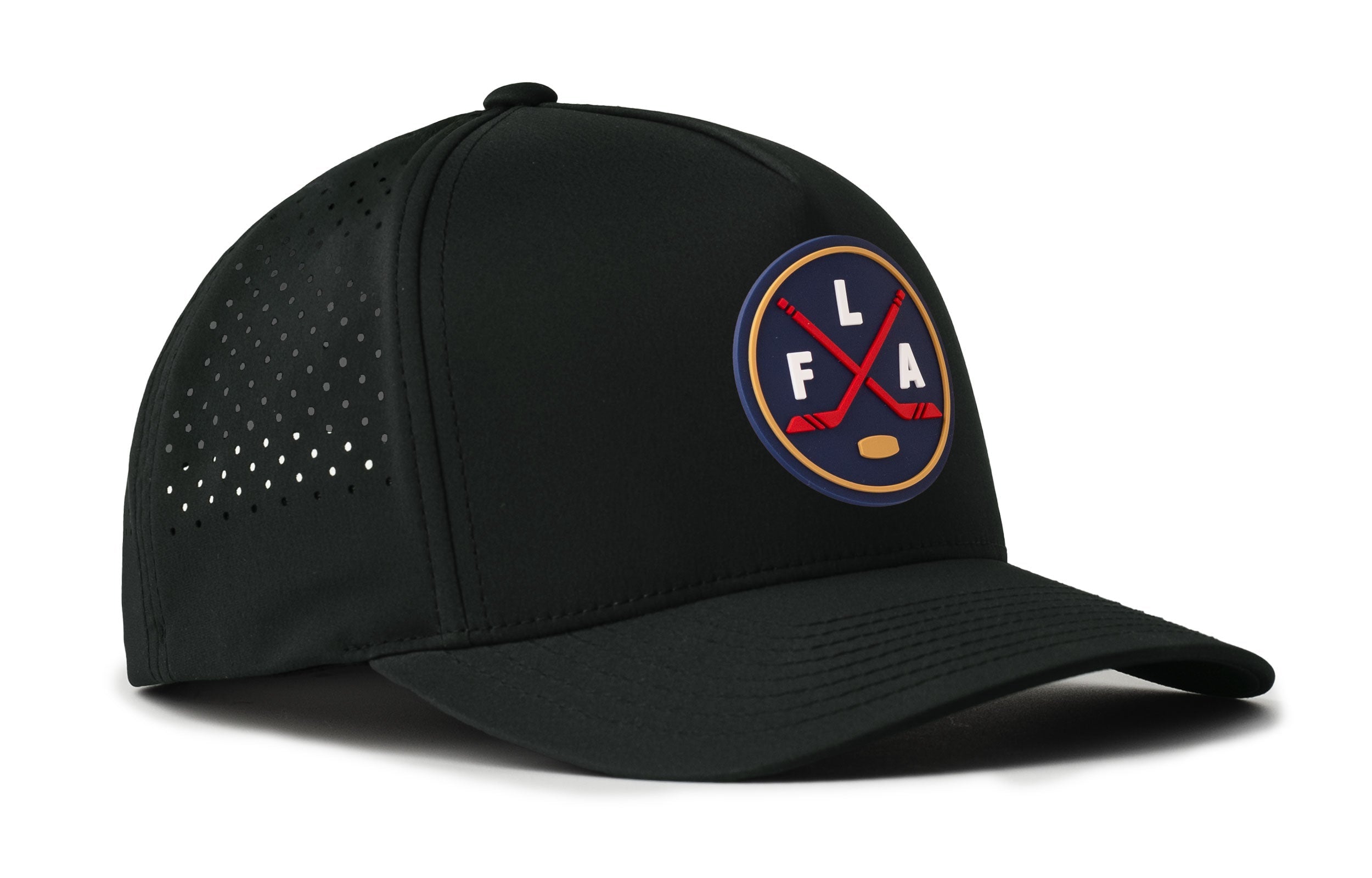 Black 5-panel performance hat with side FLA logo patch and perforated left panel