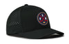 Black 5-panel performance hat with side FLA logo patch and perforated left panel