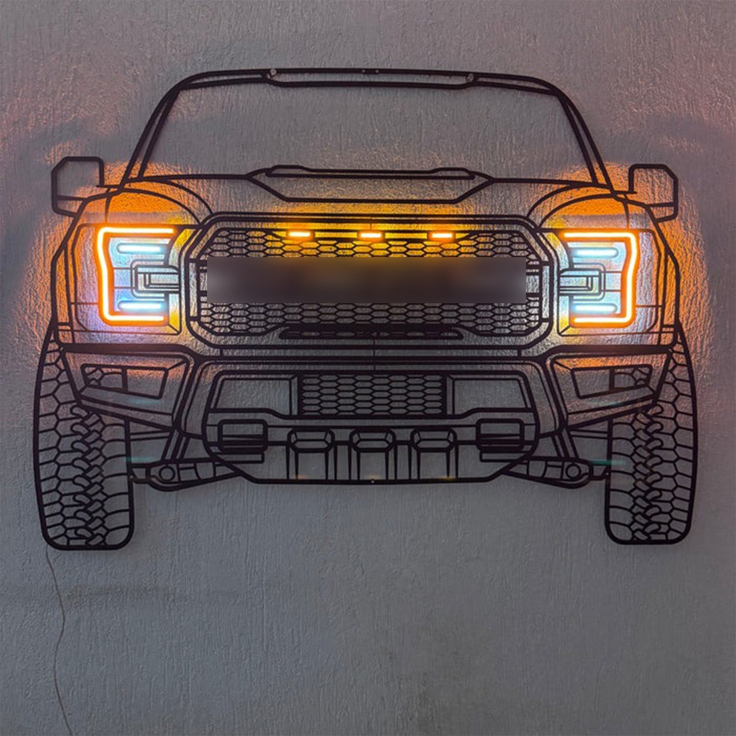 Front view neon metal car wall art panel with bright orange and blue light strips