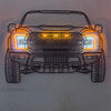 Front view neon metal car wall art panel with bright orange and blue light strips