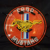 Round neon sign with Ford Mustang logo, bright outer ring, MUSTANG lettering visible
