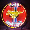 Round neon sign with Ford Mustang logo, glowing circle border, MUSTANG lettering in neon