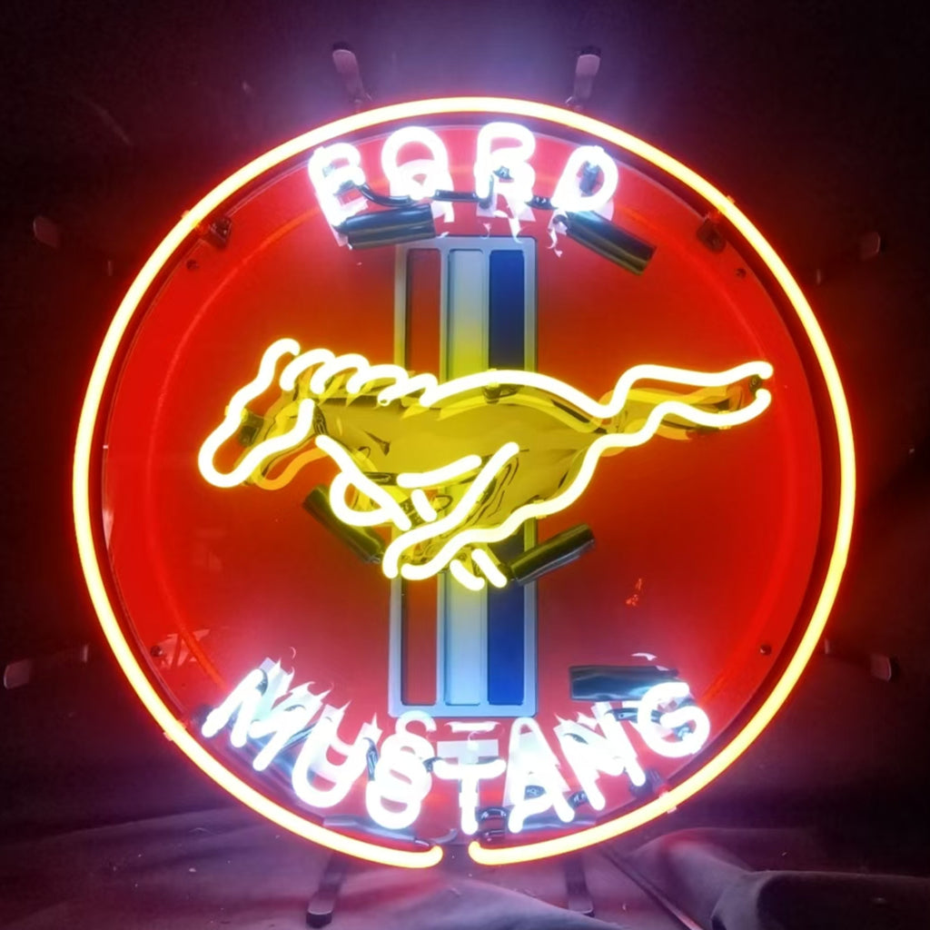Angled round neon sign with Ford Mustang logo, glowing ring border, MUSTANG lettering
