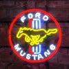 Neon wall sign in circle shape with red outline, blue icon, and yellow Mustang car