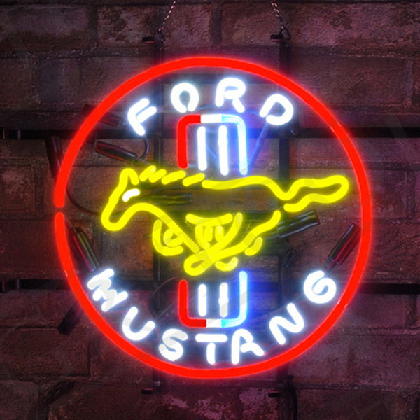 Neon wall sign in circle shape with red outline, blue icon, and yellow Mustang car