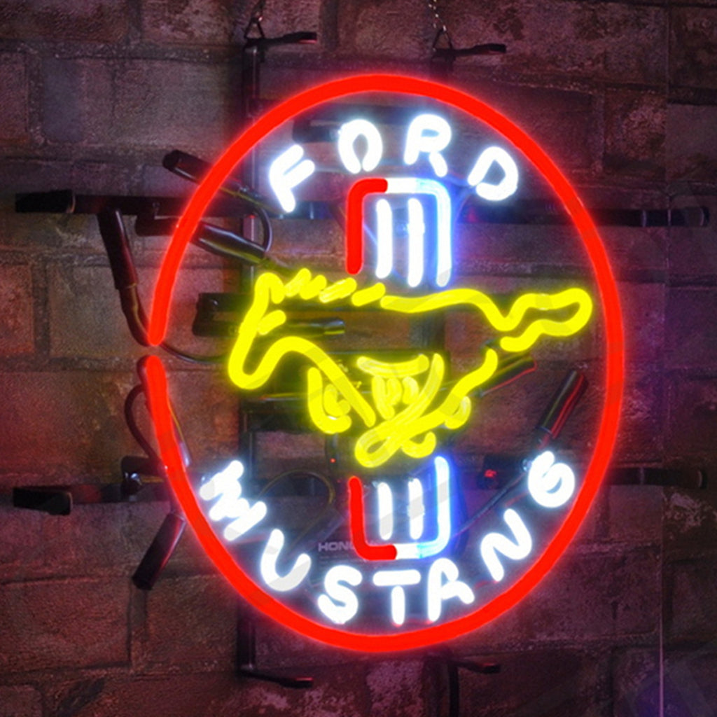 Circular neon Ford Mustang sign with red ring, blue FORD and MUSTANG text, yellow car