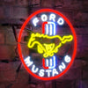Circular neon Ford Mustang sign with red ring, blue FORD and MUSTANG text, yellow car