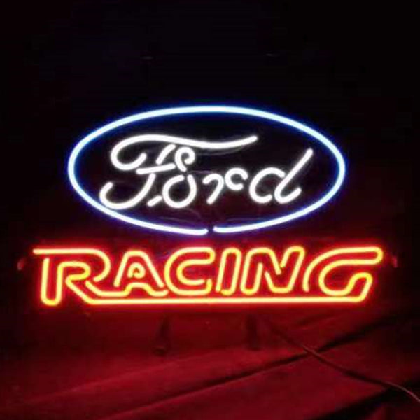 Neon car racing sign with glowing blue oval and red “RACING” text