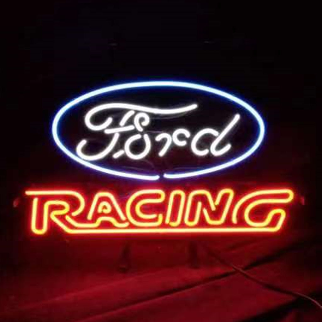 Neon car racing sign with blue oval and red “RACING” light bars