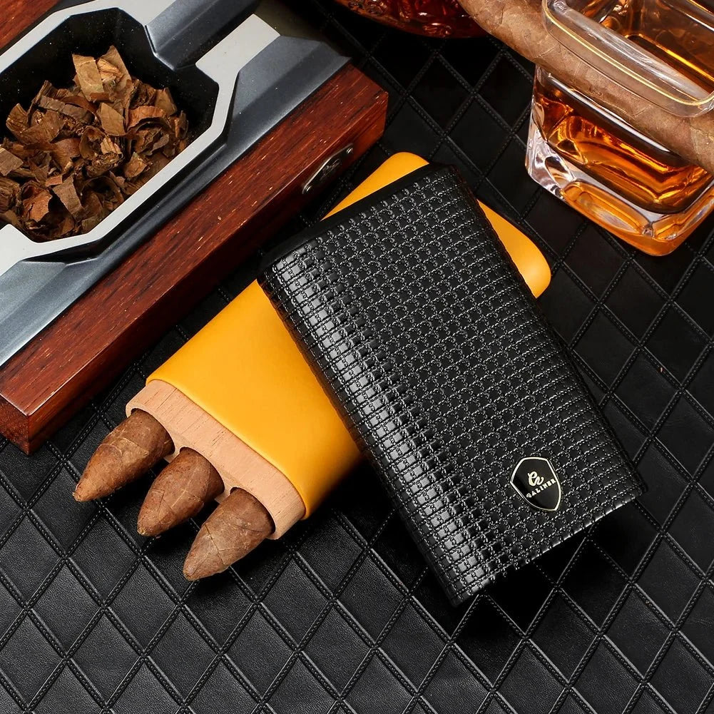 GALINER Leather & Cedar Wood Cigar Case – 3-Tube Portable Cigar Holder