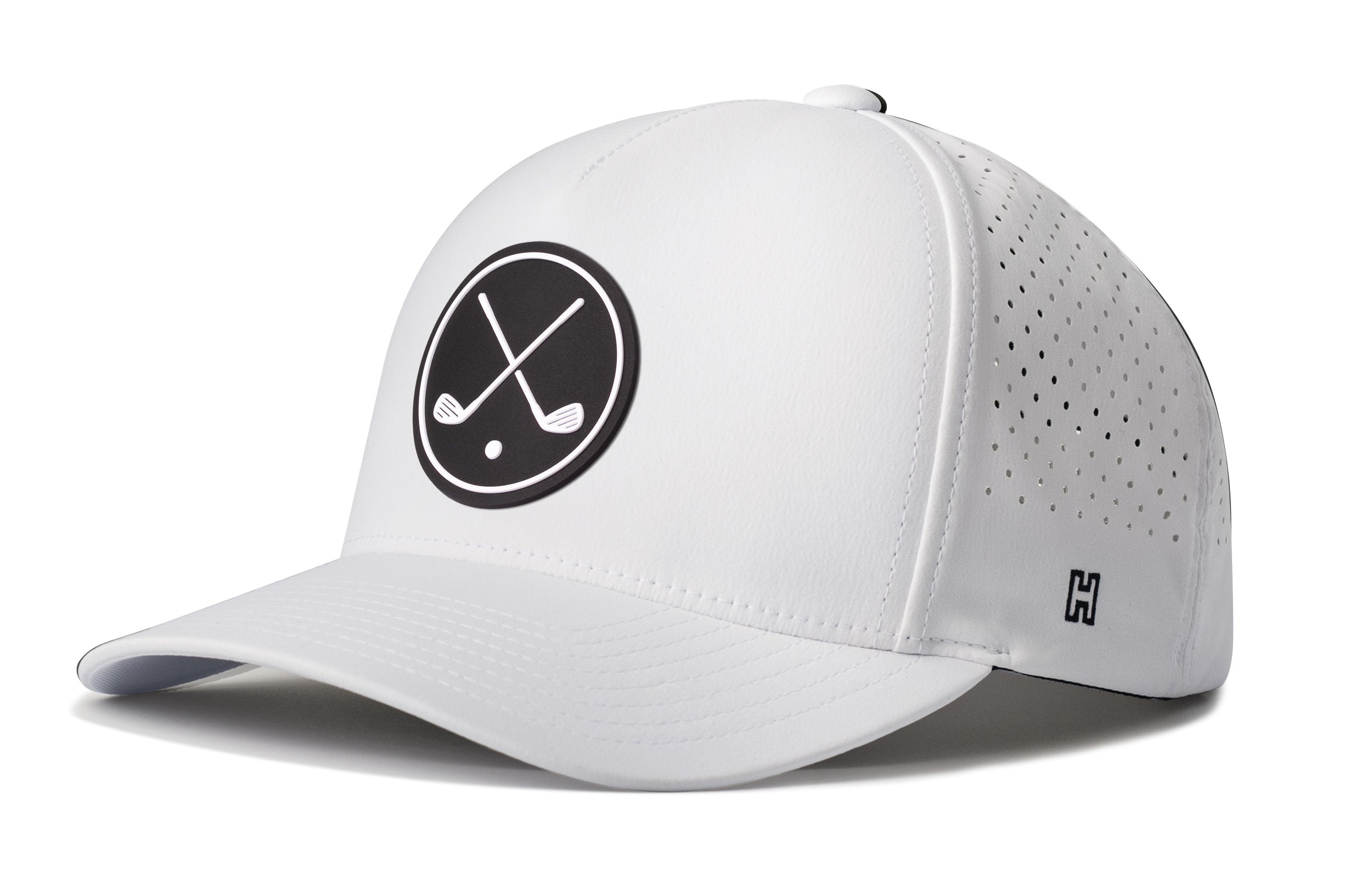White 5-panel performance hat with crossed clubs emblem and perforated side panels