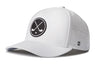 White 5-panel performance hat with crossed clubs emblem and perforated side panels