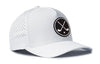 White 5-panel performance hat with crossed clubs patch and perforated side cutouts
