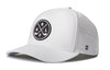 White five-panel golf snapback hat with circular logo patch and perforated side panels