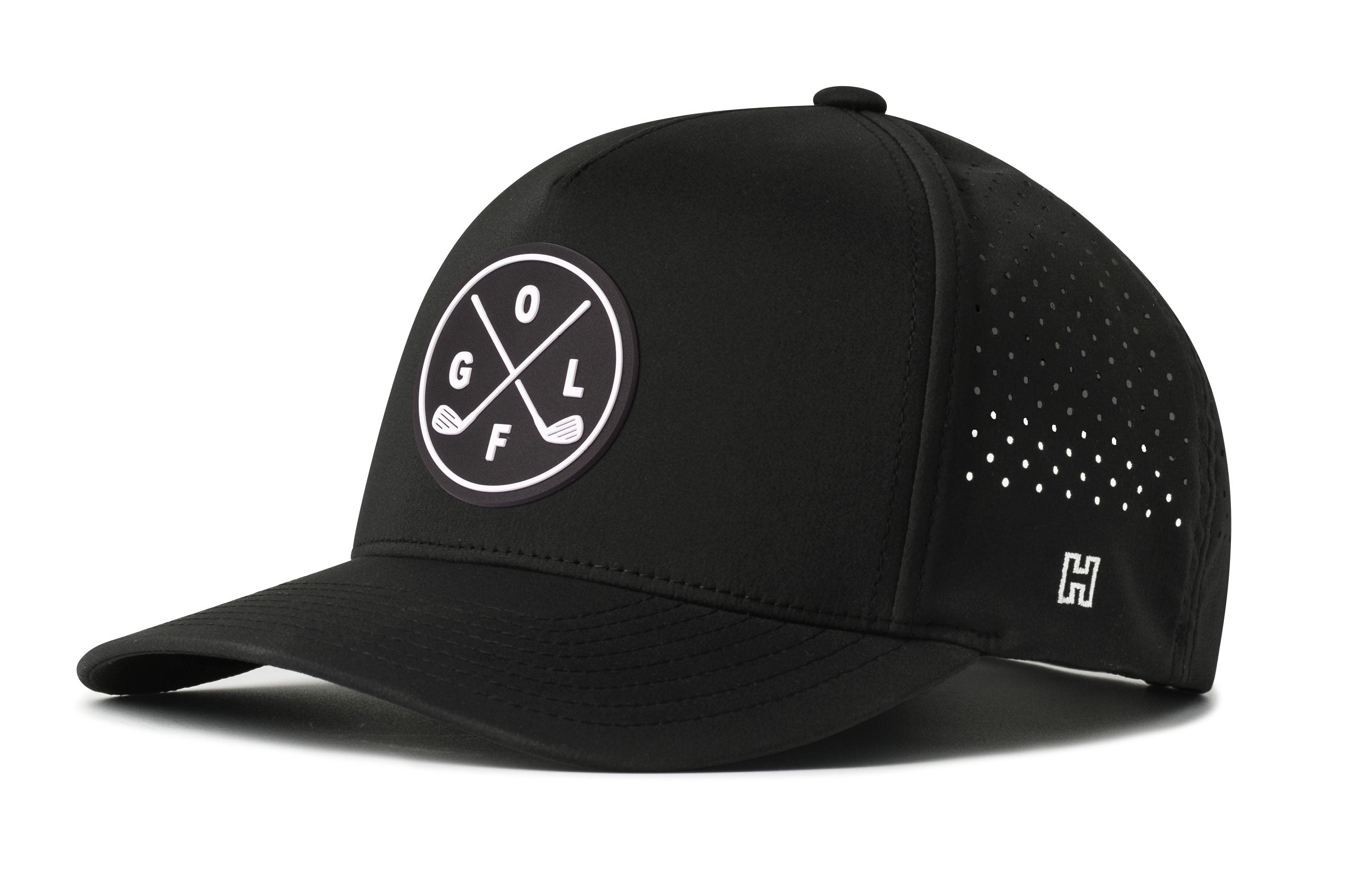 Black five-panel golf snapback hat with circular logo patch and perforated side panels