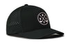 Black five-panel golf snapback cap with circular logo patch and perforated front side