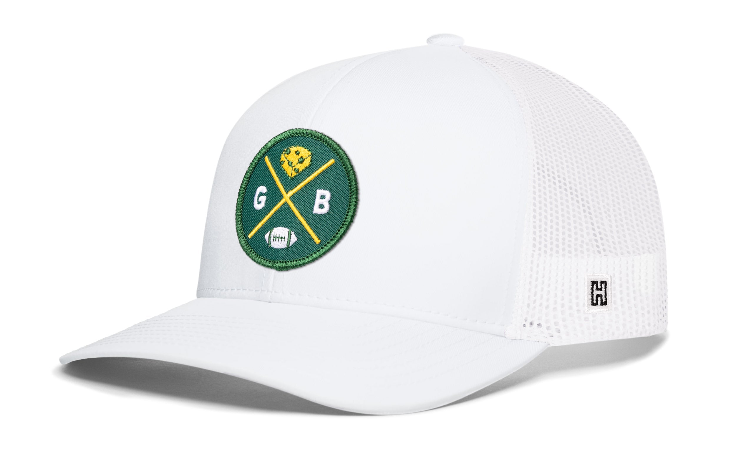 White trucker hat with green GB logo patch and mesh side panels.