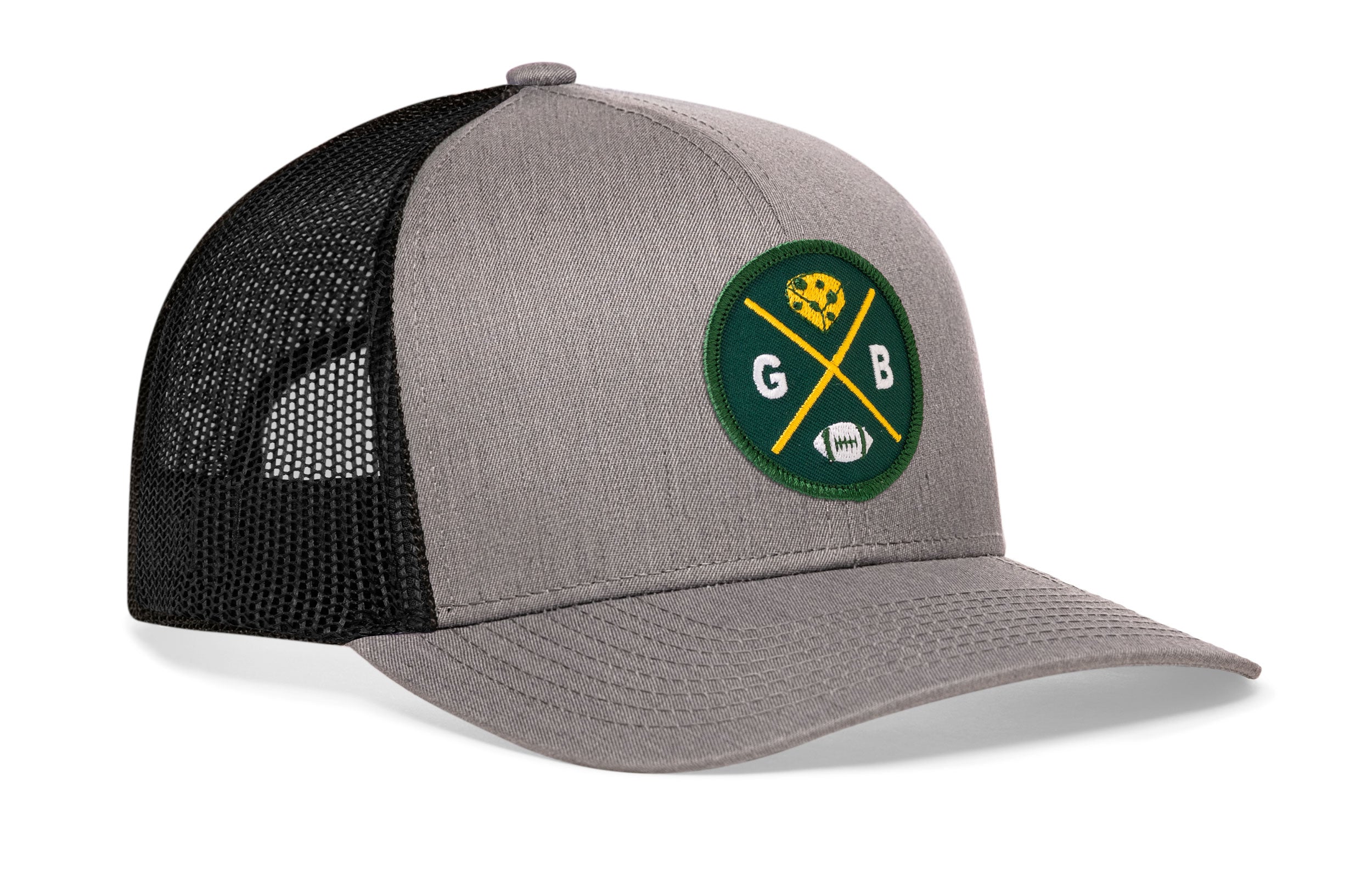 Gray trucker hat with green GB logo patch and black mesh side panels.
