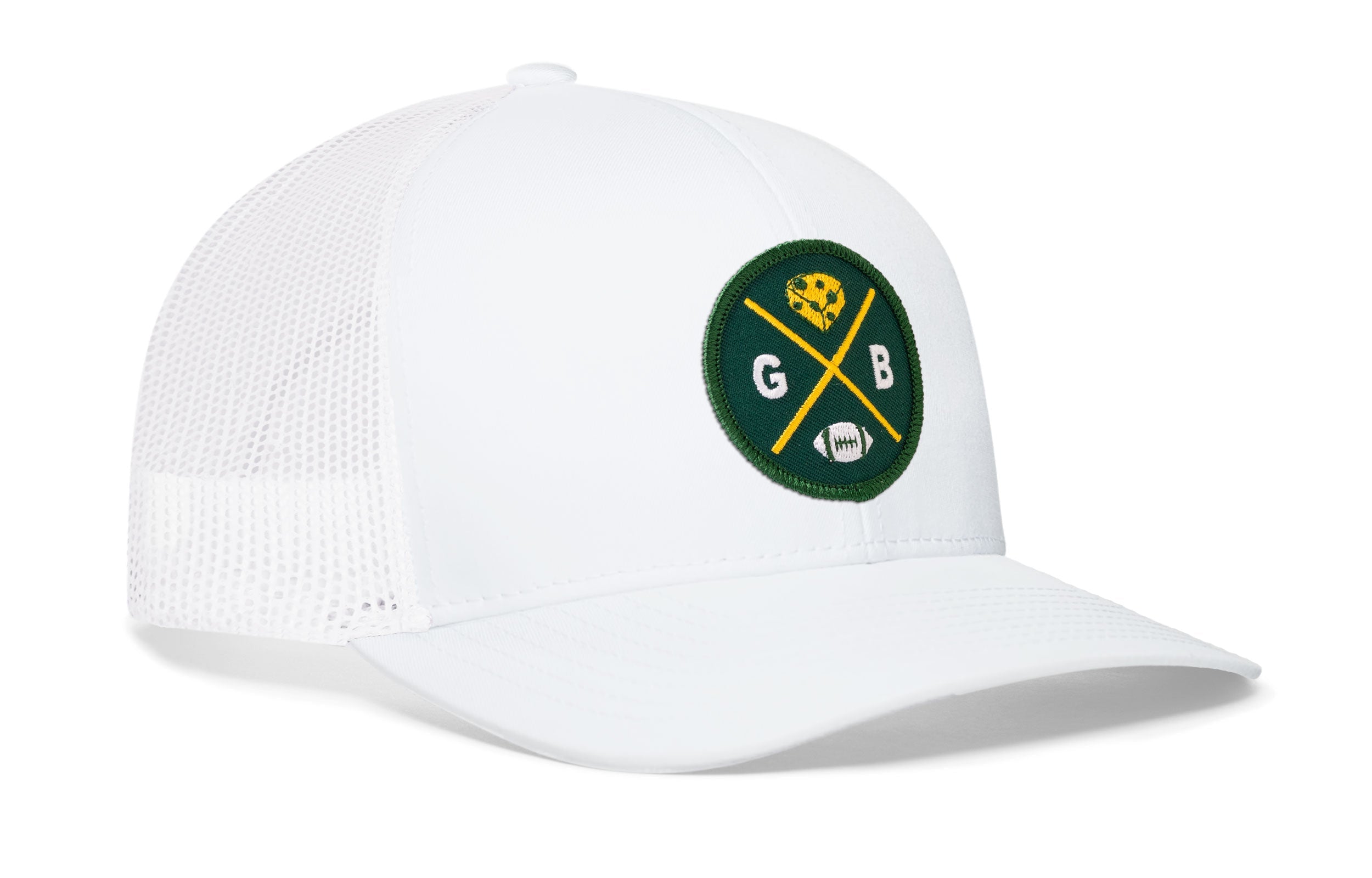 White trucker hat with green GB logo patch and mesh side panels.