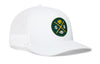 White trucker hat with green GB logo patch and mesh side panels.