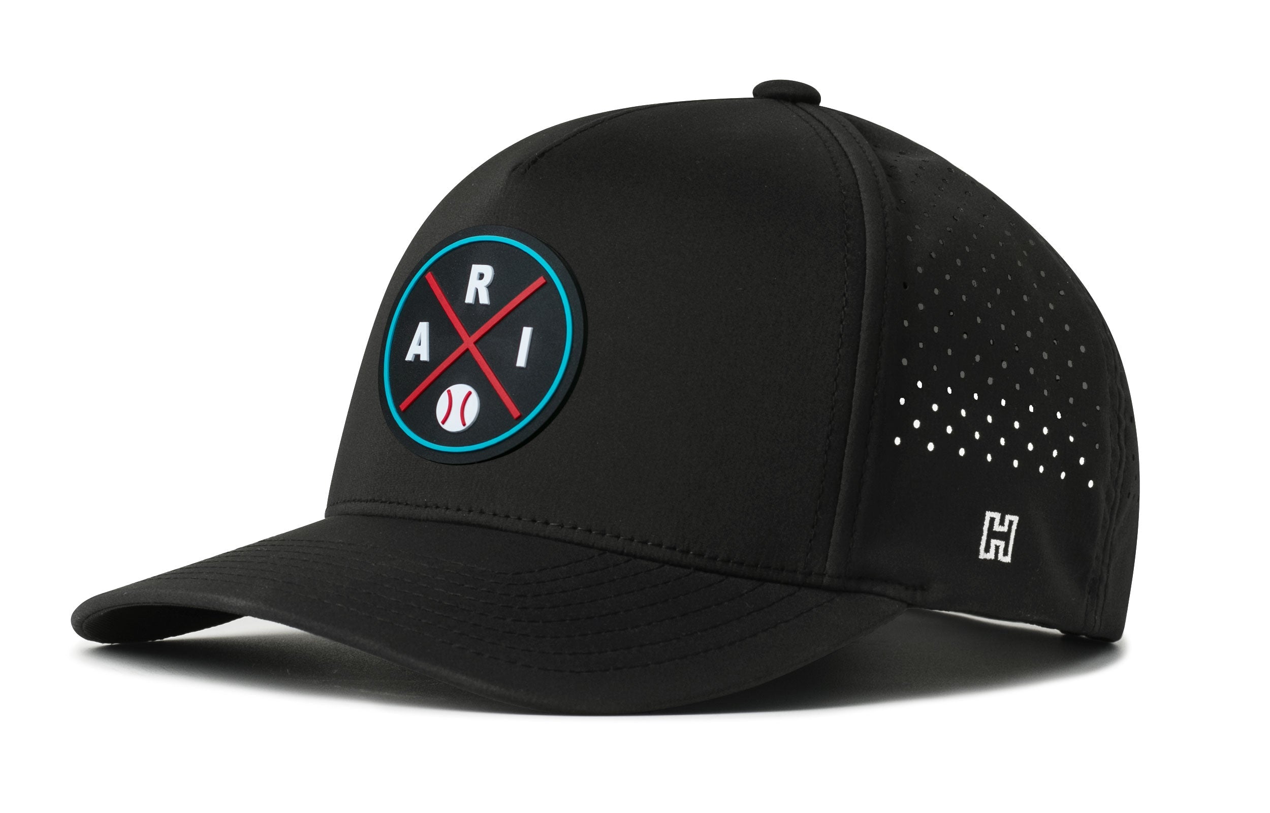 Black 5-panel baseball cap with circular ARI logo patch and perforated right side panel