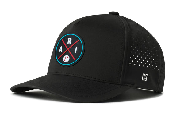 Black 5-panel baseball cap with circular ARI logo patch and perforated right side panel