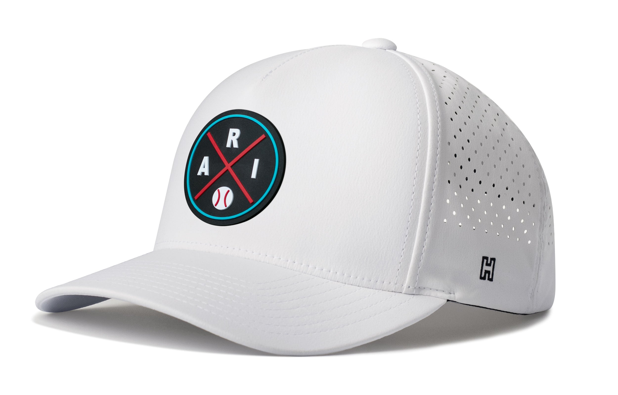 White 5-panel baseball cap with circular ARI logo patch and perforated side panels