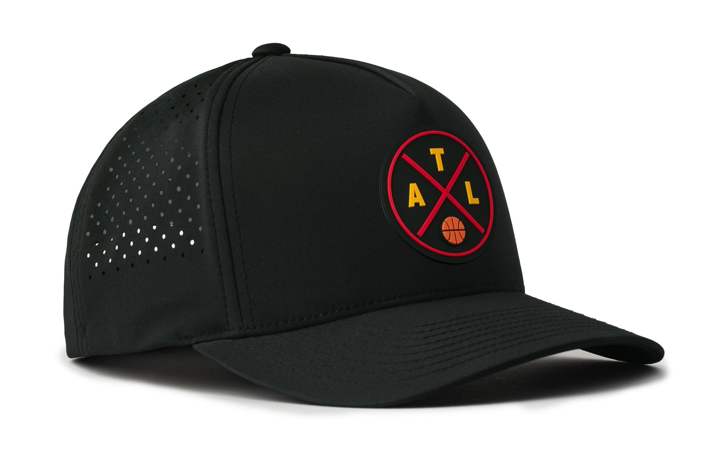 Black 5-panel snapback basketball performance hat with round logo patch and perforated front