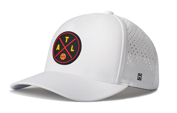 White 5-panel snapback basketball performance hat with round team logo and mesh back