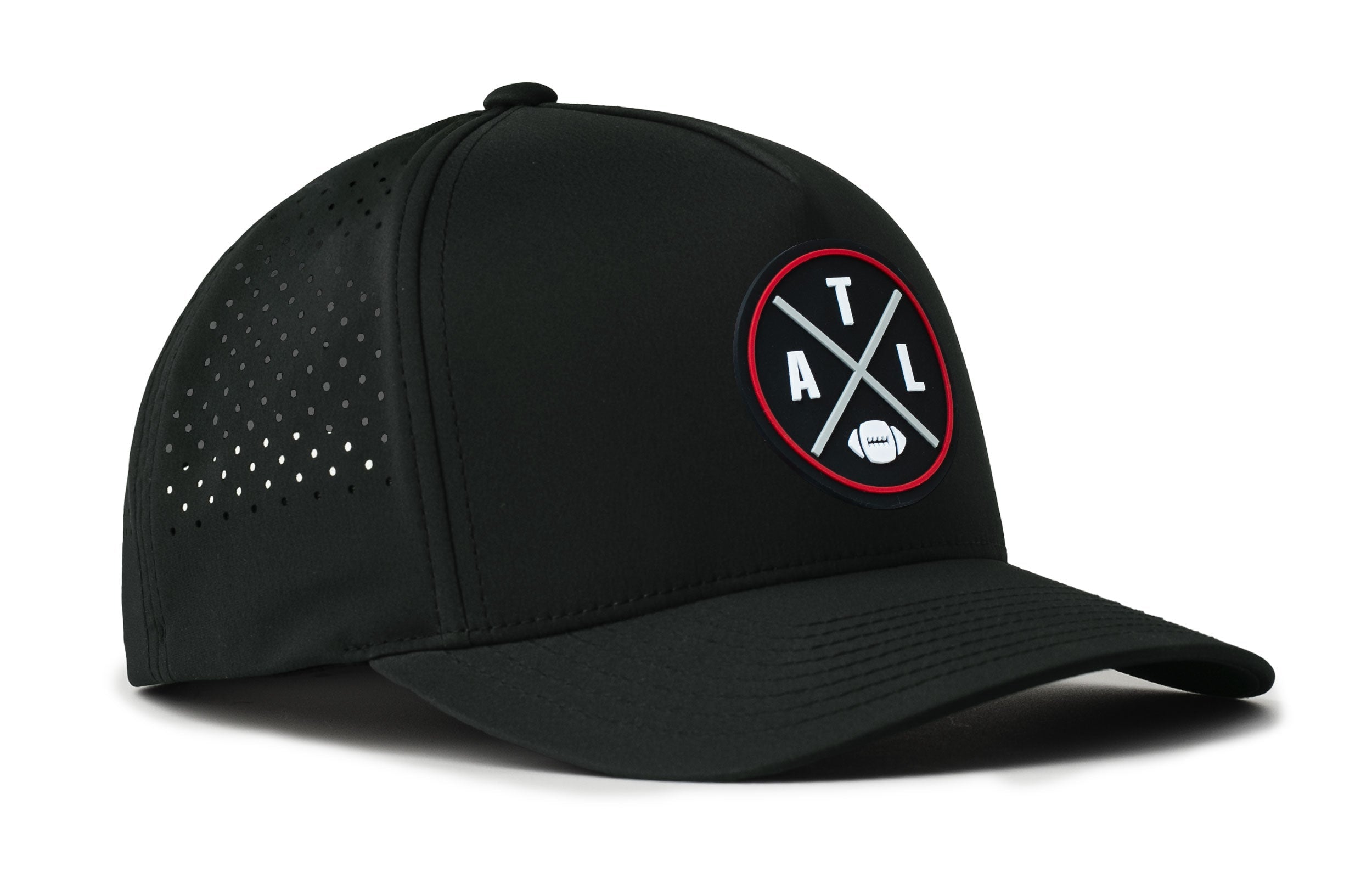 Black 5-panel performance cap with perforated side dots and circular ATL logo patch