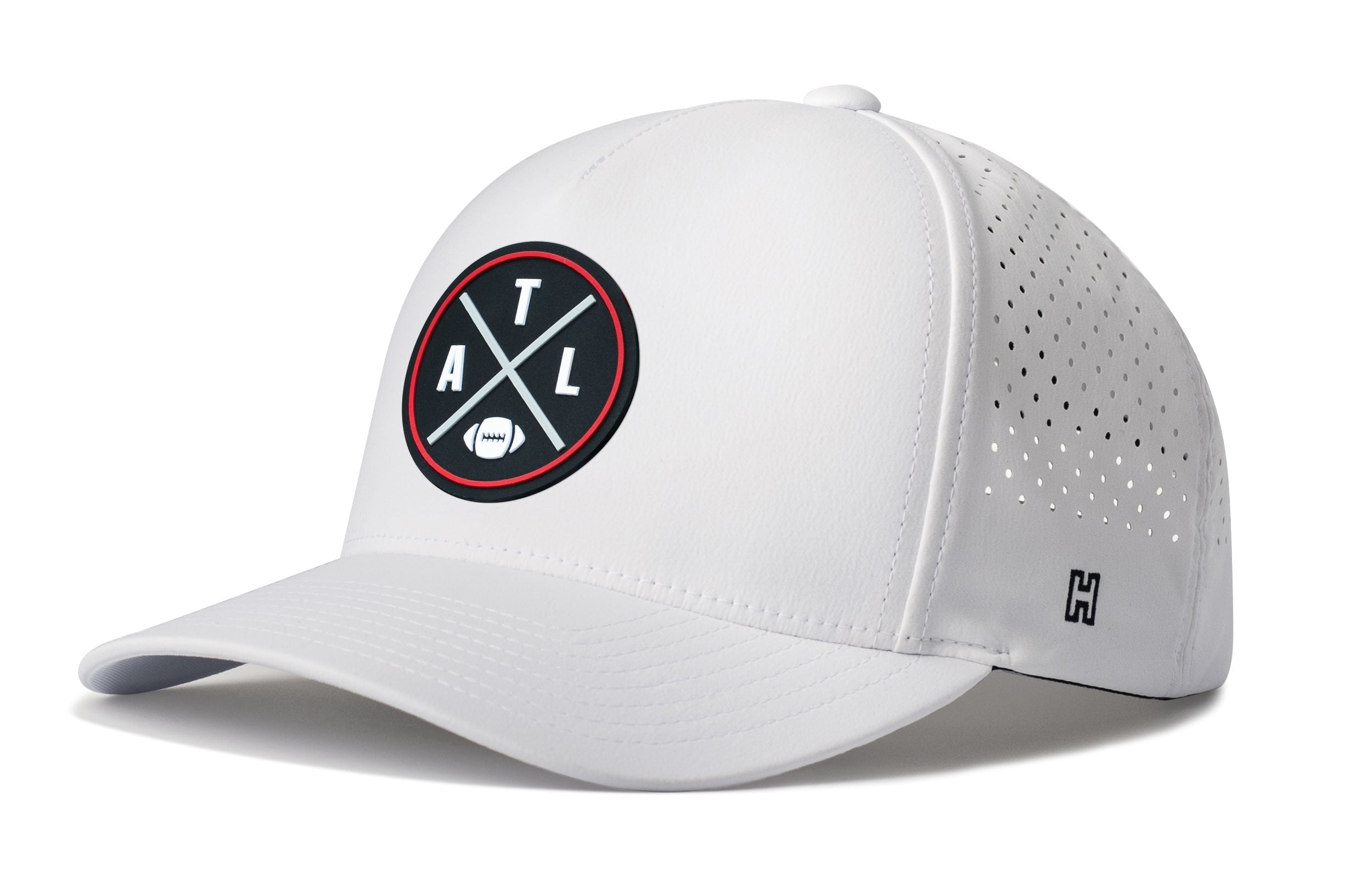 White 5-panel performance snapback hat with circular ATL logo and perforated side panels