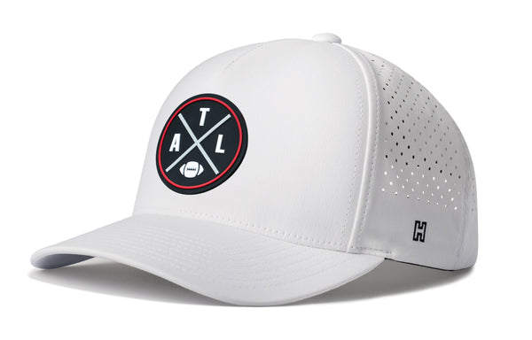 White 5-panel performance snapback hat with circular ATL logo and perforated side panels