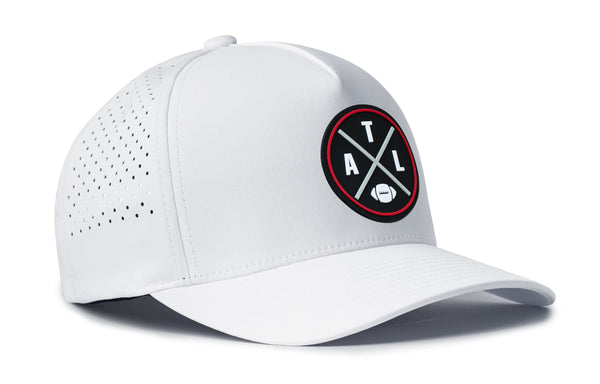 White 5-panel performance cap with perforated side dots and circular ATL logo patch