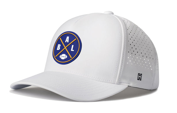 White 5-panel performance snapback hat with BAL logo patch and perforated side panels