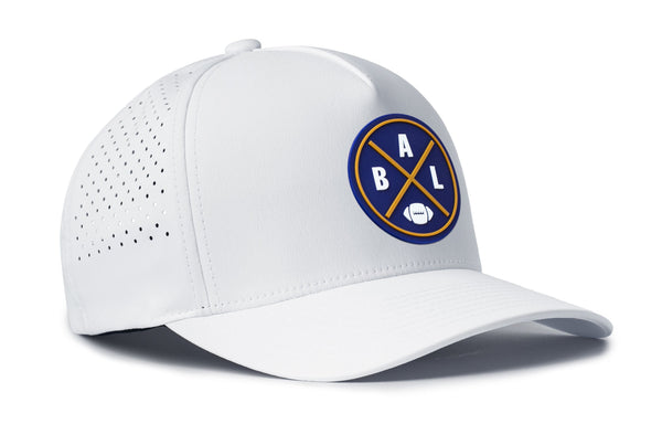 White 5-panel performance snapback hat with BAL logo and perforated side venting