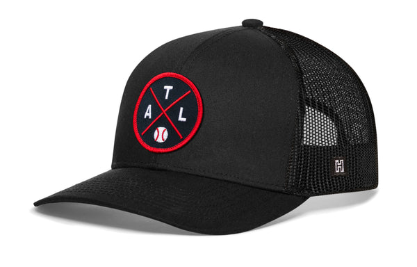 Black baseball trucker hat with red ATL logo patch and mesh back; snapback strap