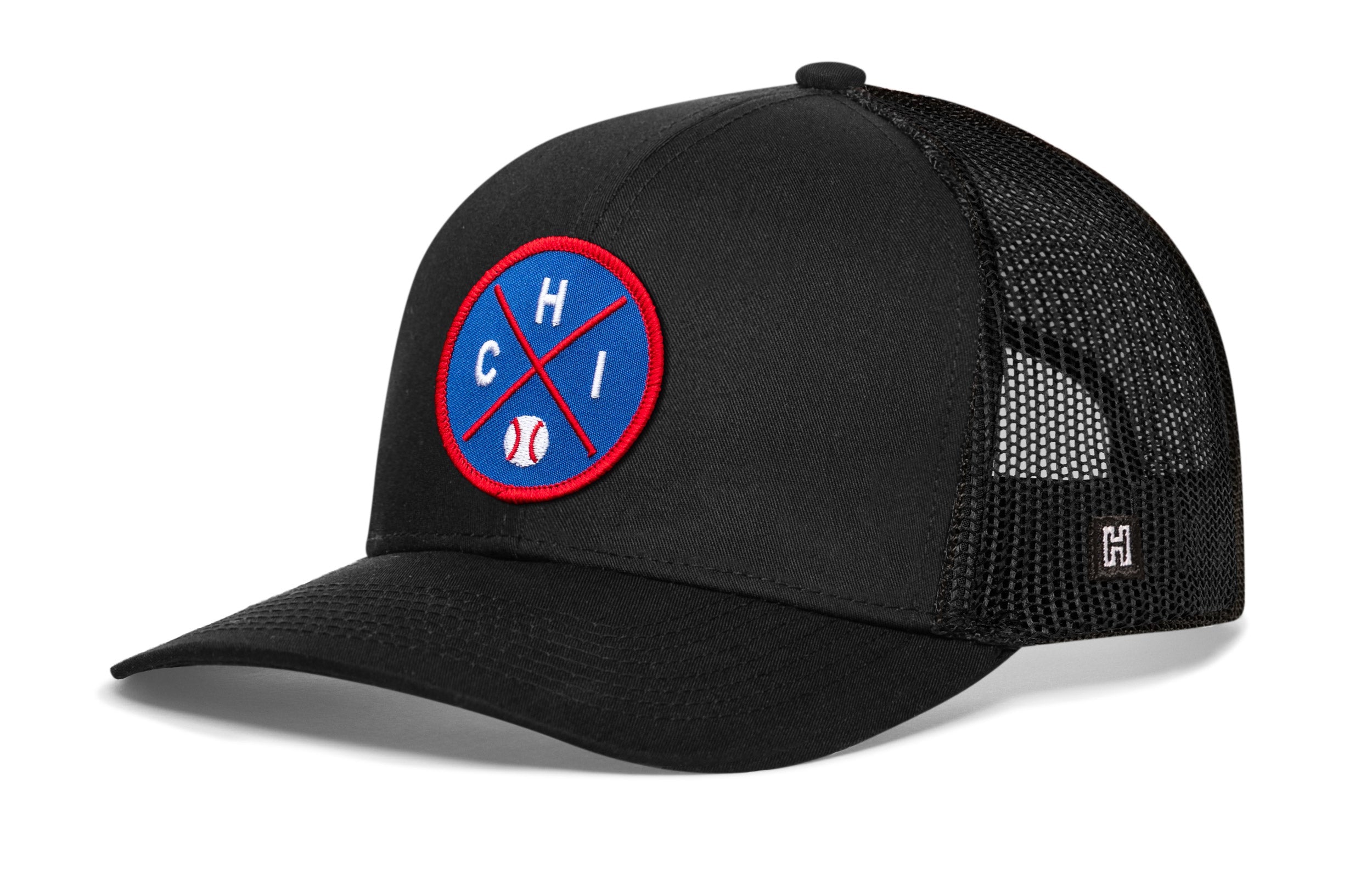 Black baseball trucker hat with circular Chicago logo patch and mesh back