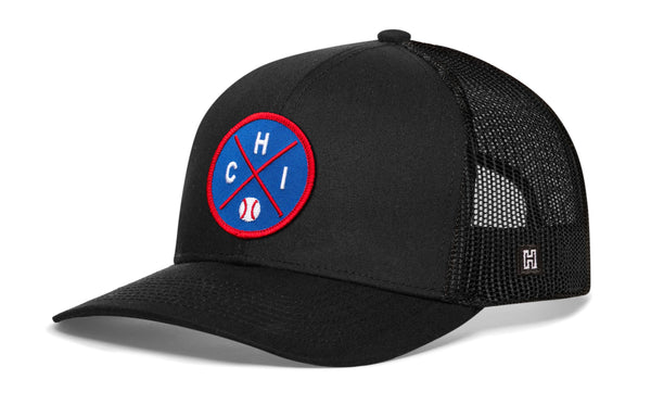Black baseball trucker hat with circular Chicago logo patch and mesh back