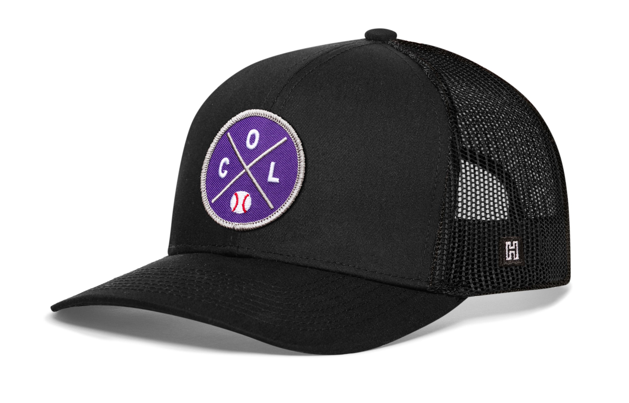 Black baseball trucker cap with purple round logo patch and mesh back, snapback strap