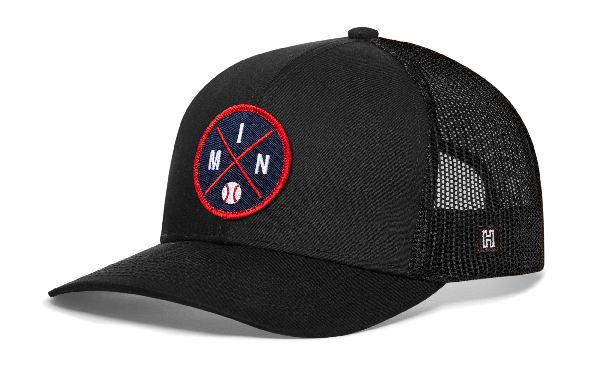 Black baseball trucker hat with mesh back, snapback, and circular MIN patch.