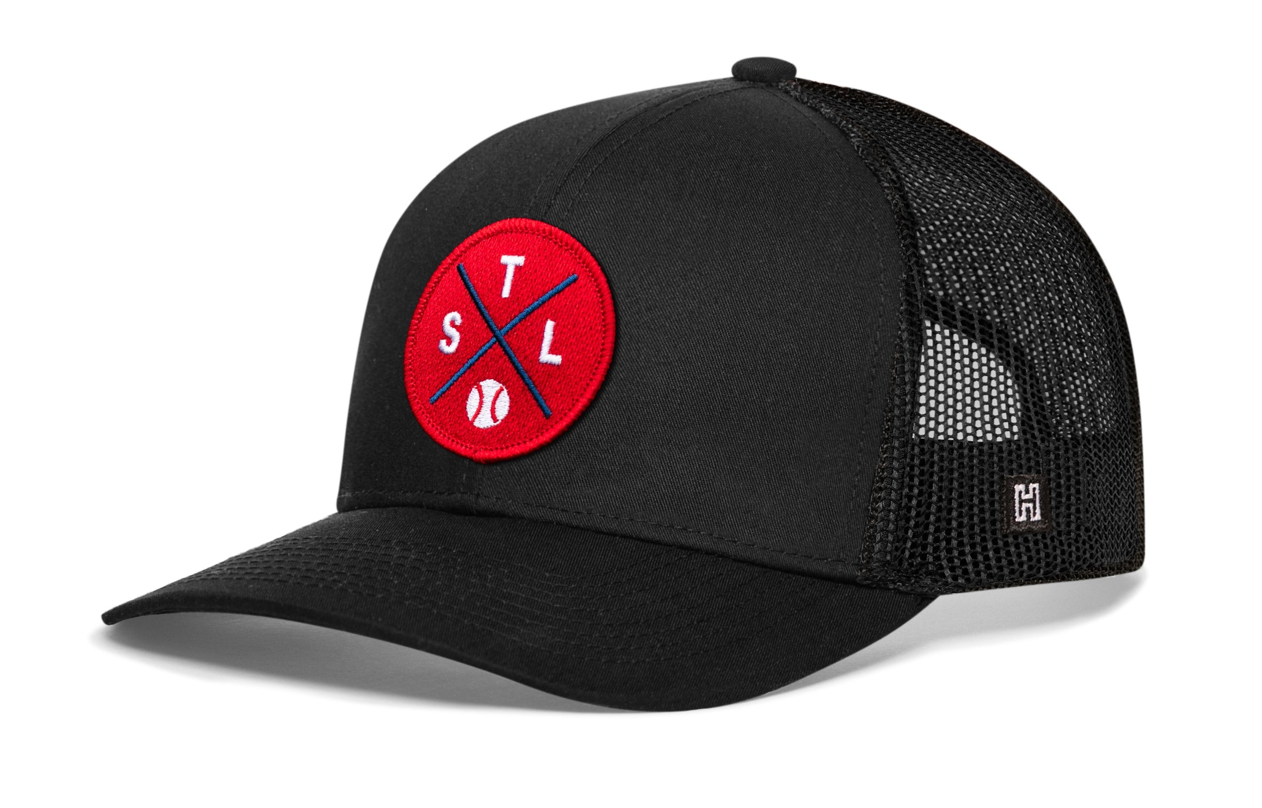 Black baseball trucker hat with red STL patch, mesh back, and snapback closure