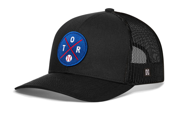 Black baseball trucker cap with blue circular TOR logo and mesh side panels