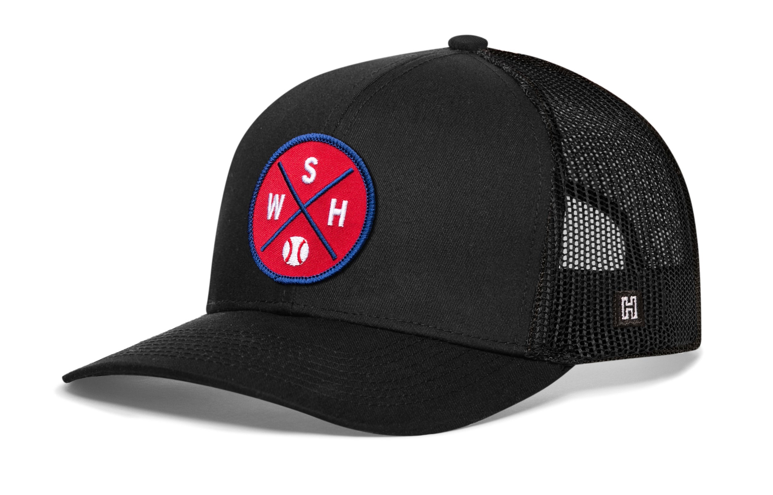 Black baseball trucker hat with circular front logo patch and mesh side panels