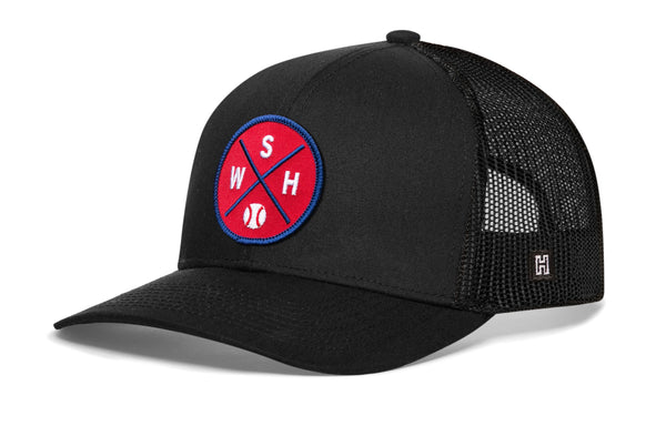 Black baseball trucker hat with circular front logo patch and mesh side panels