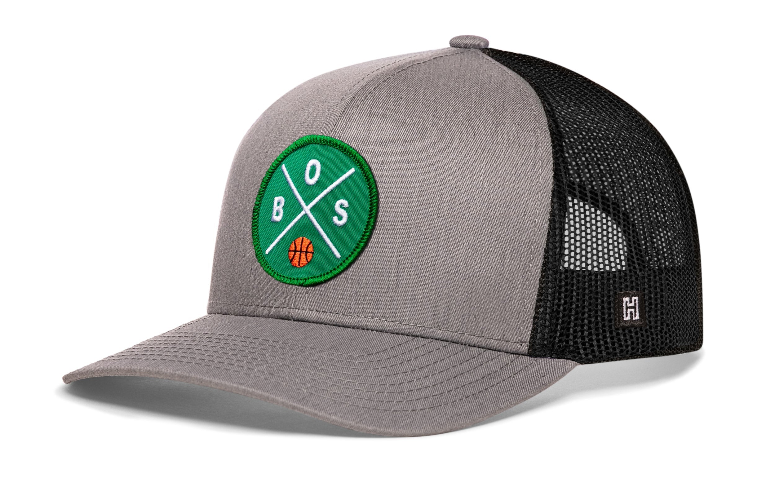 Gray and black basketball trucker hat with green B.S. patch and side H